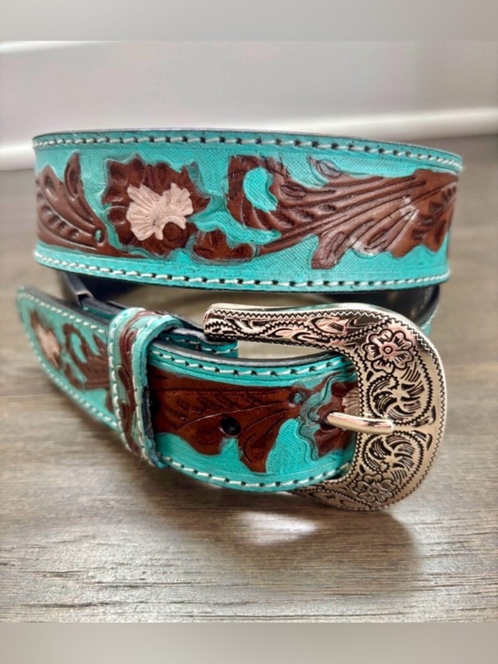 American Bison Genuine Leather,tooled,hand-crafted,silver floral buckle,Western